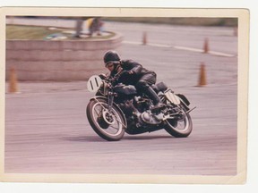 Richard Lobb, the columnist's husband, was one of the early instructors with the Canada Safety Council's motorcycle training course. He began racing at Silverstone in England. He's pictured here in 1968 on his Vincent motorcycle.