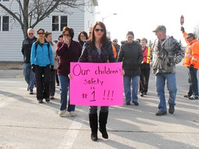 Tuesday, April 20 saw residents marching to the municpal offices in Espanola in a picket-line style protest against cutting crossing guards from the budget. 
Photo by Dawn Lalonde/The Mid-North Monitor/QMI Agency