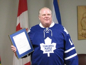 Mayor Rob Ford sports his Toronto Maple Leafs sweater in his City Hall office on Wednesday, May 1, 2013. Ford signed the proclamation Wednesday to officially declare Monday, May 6, 2013 Blue and White Day. (Don Peat/Toronto Sun)