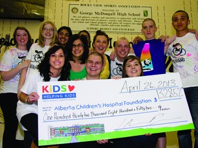 George McDougall High School students celebrate raising $132,000 for the Alberta Children's Hospital Foundation, April 26.