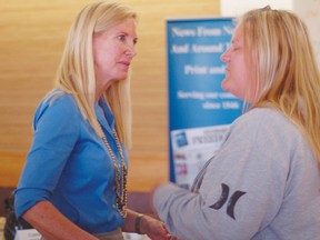 Beth Holloway greets guests after speaking at the Children’s Treatment Centre Bike-A-Thon Plus kick-off breakfast at the civic complex on Wednesday.
Staff photo/CHERYL BRINK