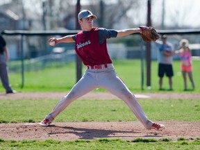 Frontenac Falcons pitcher Cole Casford stays focused and throws hard against an Ernestown Eagles batter during a Kingston Area Secondary Schools Athletic Association baseball game at Woodbine Park on Wednesday. The Falcons won 9-2. (Julia McKay/For The Whig-Standard)