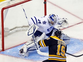 James Reimer has a shot by Tyler Seguin get past him, but ring off the crossbar during Wednesday's series opener in Boston. (Michael Peake, Toronto Sun)