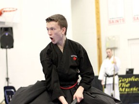 Max Ray of the Baes Martial Arts school in Winnipeg tries to impress the judges at the Kenora Can-Te IsshinRyu Karate Club's tournament on Saturday, April 27, at St. Thomas Aquinas.