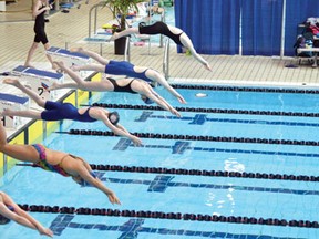 Swimmers dive into the pool at the 10th Annual Wavemaker swim meet in Victoria, British Columbia. Kenora Swimming Sharks sent 19 athletes to the event and finished in fourth place overall with 2879 points.