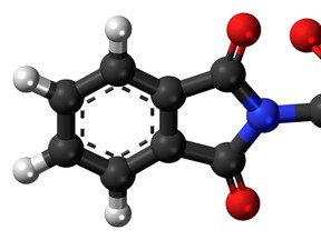Ball-and-stick model of the thalidomide molecule. (Wikimedia Commons/Jynto/HO)