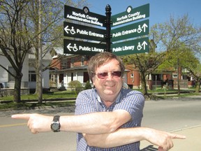 Larry Lucas of Simcoe and others were asking this week which end is up at Governor Simcoe Square after vintage signs were installed on the grounds allegedly telling people how to navigate the area. (MONTE SONNENBERG Simcoe Reformer)