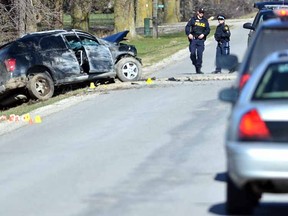 OPP were on the scene of this crash that closed Line 32 between Roads 130 and 134 just south of Sebringville on April 17. (SCOTT WISHART, The Beacon Herald)