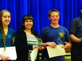 Elizabeth Fischer, left, Janet Guenter, Kody Humphrey, middle right, and Zeph Fischer received Leaders of Tomorrow awards April 23 at the Cultural-Recreational Centre. Submitted photo