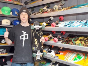EDDIE CHAU Simcoe Reformer
Matt Diehl of Dave's World Board Shop in Port Dover stands in front of a variety of skateboards available at the store. As part of National Youth Week festivities, Dave's World will be hosting a skateboarding event at the Port Dover Skatepark on Saturday afternoon.