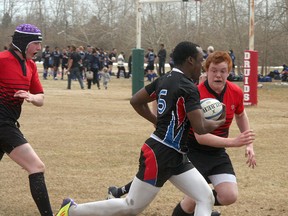 The Salisbury Sabres boys rugby team tries to put the brakes on a ball carrier from W. P. Wagner during the Lynn Davies high school rugby tourney last Friday. Photo by Shane Jones/Sherwood Park News/QMI Agency