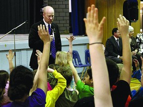 Alberta Education Minister Jeff Johnson received overwhelming support from students at Fultonvale Elementary and Junior High School after announcing a $21 million provincial investment to modernize the school. Leah Germain/Sherwood Park News/QMI Agency