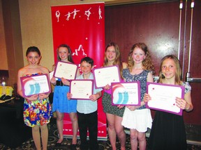 Dominique Bergeron, Megan Hall, Mason Panko, CJ Wishart, Devon Borody, Chanel Cabak of the Portage Skating Club with awards won at the 10th annual Gala Awards Evening hosted by Skate Canada Manitoba on April 27.  (Shawn Cabak/Submitted photo)