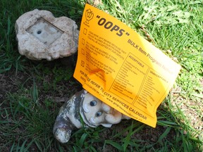 An "OOPS" sticker was  placed a garden gnome by a works crew working large item pickup. The gnome was not picked up because it can fit in a regular garbage bag.  (TARA BOWIE, Sentinel-Review)
