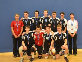 Submitted
The U18 boys were the only Wolves team to medal at the 2013 indoor club volleyball juvenile (U17/U18) provincials. Pictured, with their medals, are: Back row (l-r) Erin Henning (asst. coach), Hudson Trepanier, Blain Cranston, Michael Cepuch, Kirk Testawitch, Cole Penson, Katie Dogterom; front row –  Adam Maisonneuve, Dylan Smith, Kody Savoy, Dalyn Lauze.