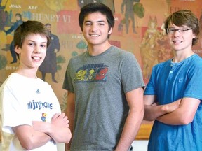 Some top performers from Stratford Central at the recent WOSSAA badminton championships include, from left, junior singles gold medallist Lukas Kaufman, senior boys bronze medallist Ben Stern and Matt Armstrong, who with partner Devon Cartwright, won junior boys doubles silver. (SCOTT WISHART, The Beacon Herald)