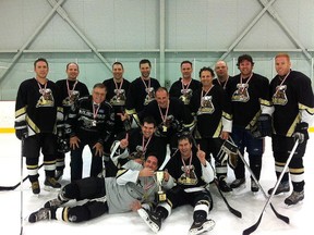 The Standard Tavern Moose captured their seventh gold in nine years at the  Canadian Hockey Enterprises Canadian Cup in Montreal, defeating Mount Pearl 9-0. The Moose posed for a photo following the win. In the back row, from left Derrick Neal, Terry Turcotte, Greg Beaven, Jacob Parr, Dan Vlasschaert, Kevin Jeffery, Chuck Loreto and Mitch Fernstein. Middle row Bob Reid coach/trainer, Yvan Brazeau and Lou Favretto. Sitting are Paul Guevremont, Chris Loreto and Ray Viskovich.