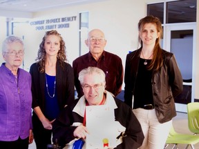 Lillian Sawatzky, Tamara Miller, Katherine Yurkiw and Barry Green pictured at the PCU Centre, Friday, where a proclamation was signed declaring May MS Awareness Month in the city of Portage la Prairie. (ROBIN DUDGEON/THE GRAPHIC/QMI AGENCY)