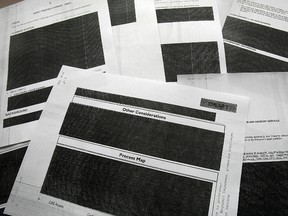 These are some of the heavily redacted pages resulting from a Freedom of Information request of Ontario Northland divestment documents. (MARIA CALABRESE The Nugget)