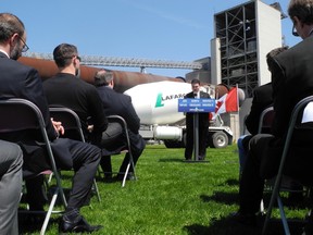 Peterborough MP Dean Del Mastro, parliamentary secretary to the prime minister, announces $2.7 million in funding Friday morning at Lafarge Canada’s Bath plant.
Elliot Ferguson The Whig-Standard