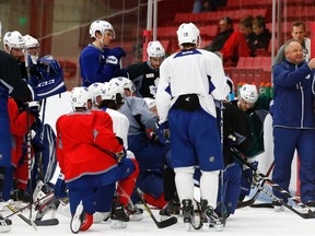 Toronto Maple Leafs coach Randy Carlyle draws up some drills during practice at Boston University the day before their Game 2 matchup with the Boston Bruins. (MICHAEL PEAKE/QMI Agency