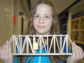 Sabrina Prevost, 10, made her debut at Sault College's long-running bridge building competition on Saturday, May 4, 2013.