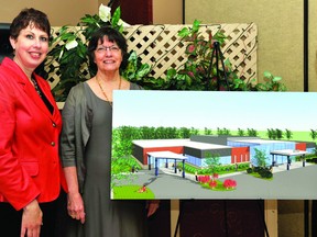 Susan Smith, left, a CPHC staff member, Sandra Lawn, on the board of the capital fundraising campaign, and Ruth Kitson, the executive director of the CPHC, pose with a rendering of the organization's new centre of excellence. The organization is celebrating its 100th anniversary.  (ALANAH DUFFY The Recorder and Times)
