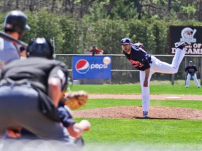 Baycat's pitcher Brad Bissell throws some heat during IBL action at Schmidt and Shaw Stadium in Midhurst Saturday afternoon. The Brantford Red Sox blanked the Baycats 4-0.
ZACH MACPHERSON/BARRIE EXAMINER/QMI AGENCY