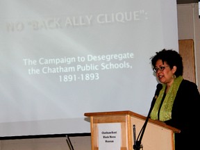Historian and author, Adrienne Shadd, a descendent of Abraham Dores (A.D)Shadd shared her research about the movement from 1891-93 that led to the desegregation of Chatham Public Schools, as a guest presenter during the 14th annual John Brown Festival, held in Chatham, Ont. on Saturday, May 4, 2013.
ELLWOOD SHREVE/ THE CHATHAM DAILY NEWS/ QMI AGENCY