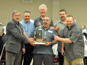 For 38 years, men have been gathering at the Porcupine Dante Club for some good old fashioned fun playing some bocce ball. The playoff champions were awarded a trophy and bragging rights until next year. The winning team was led by captain Nevio Salvatti, centre and is made up of, from left, Don Babcock, Maurice Lemire, Marcel Gauthier, Glen Campbell, Brock Ciotti and missing from the photo was Paul Zudel.