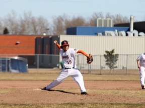 Warren Kragnes pitched most of the game for the Fort McMurray Oil Giants Midget AAA baseball team in their 12-11 loss to the Calgary Dinos on Saturday afternoon at Ron Morgan Park.  TREVOR HOWLETT/TODAY STAFF