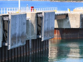 A close up shot that shows some of the wooden fenders that need adjustment at the Tobermory ferry dock.