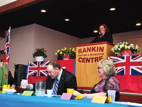 RYAN PAULSEN ryan.paulsen@sunmedia.ca

Vicky Yakabuski, right, looks on as Renfrew-Nipissing-Pembroke MPP John Yakabuski barely contains a spit-take after a friendly verbal jab by fellow Progressive Conservative MPP Lisa MacLeod, at the podium, at a riding association dinner at the Ranking Community Centre on Friday night, May 3. For more community photos please visit our website photo gallery at www.thedailyobserver.ca.