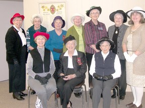 Reid's Corners Women's Institute will mark its 100th anniversary with a celebrations on May 15, 2013 at the Pine River United Church. The group assembled for a photo at their January 2013 meeting. A number of members wore hats and gloves as was the custom in days gone by. Front L-R: Linda Campbell, Evelyn Elliott, Doris Hollands, Back: Ruth Anne Robinson, Margaret Reid, Brenda Ramsdale, Joan Wand, Ruby Walden, Joyce Courtney, Ellen Waye. (AVERY LAFORTUNE/KINCARDINE NEWS CO-OP STUDENT)