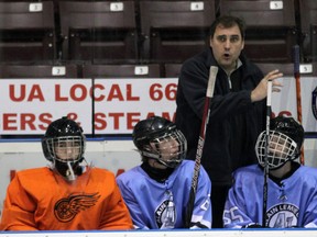Alain Lemieux coaches players in his Pittsburgh-based hockey academy while at the Bluewater Sharks spring hockey minor midget tournament Friday at the RBC Centre. The brother of famed NHL player Mario Lemieux is behind the Alain Lemieux Hockey Acadamy. (PAUL OWEN/THE OBSERVER/QMI AGENCY)