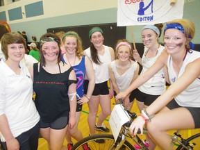 St. Mary's Catholic High School hosted The Inside Ride as a celebration of student Maddie McIntyre beating cancer and returning to school. From left Maddie McIntyre, Kelsey Malott, Amanda Geris, Veronika Krzyzanowska, Natalie Puch, Kayal McLean and Sandi Cowan. (HEATHER RIVERS/WOODSTOCK SENTINEL-REVIEW)
