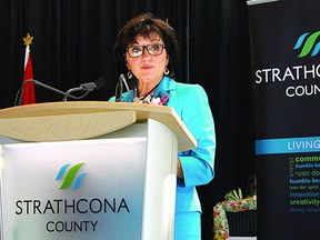 Strathcona County Mayor Linda Osinchuk, who delivered her State of the County Address last month (above), has officially announced her re-election campaign in the municipal election this October. Trent Wilkie/Sherwood Park News/QMI Agency