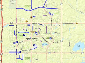 A map of Sherwood Park showing the planned road (dark purple) and trail (light purple) construction for this year. Intersection improvements and new traffic light signalization are also shown on the map, which also displays plans for rural Strathcona County. The map is available online at www.strathcona.ca/countyworks. Graphic Supplied