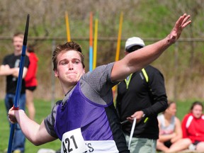 West Elgin's David Hale throws the javelin Saturday in the senior event at the Kettle Creek Invitational track and field meet at Parkside. Hale placed sixth with a throw of 38.13 metres. R. MARK BUTTERWICK / St. Thomas Times-Journal / QMI AGENCY