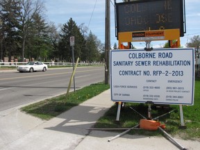 Break out the detour signs. Road construction season has arrived in Sarnia. A portion of Colborne Road , pictured here, between Rosedale and Errol, is expected to close Tuesday for six to eight weeks. CATHY DOBSON/ THE OBSERVER / QMI AGENCY