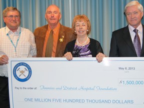 The City of Timmins helped to kick start the latest long-term fundraising campaign for the Timmins and District Hospital Foundation on Monday with a $1.5 million donation. The Foundation aims to raise $15 million over the next four years to upgrade both the facility and equipment to provide its 115,000 annual patients with the best service possible. From left are hospital board chairman Leon Laforest, Timmins Mayor Tom Laughren, TDH board of directors chairwoman Anne Hannah and Foundation chairman J.P. Aubé.