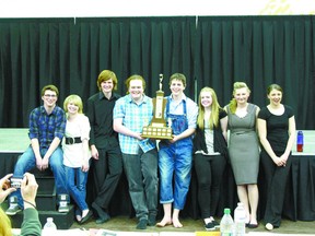 Mayerthorpe Junior Senior High School student winners in the annual pre-drama festival playoff pose with the new trophy, donated by Eagle River Chrysler. They are, from left, Layne McCallum, Shania Lakeman, Mackenzie Mason, Eddie Schalm, Travis King, Jessica Moon, Katy Smelt and Jordan Klassen.