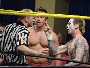 Freak Show AND Tyler Tirva both warn the ref, leading to a prolonged battle out of the ring at the Tillsonburg Legion Sunday afternoon. CHRIS ABBOTT/TILLSONBURG NEWS
