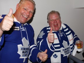Councillor Doug Ford and Mayor Rob Ford enjoy the Leafs-Bruins game at the ACC Monday, May 6, 2013. (JOE WARMINGTON/Toronto Sun)