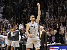 San Antonio Spurs guard Manu Ginobili reacts after sinking the game winning shot against the Golden State Warriors in the second overtime period during Game 1 of their NBA Western Conference Semifinals basketball playoff series in San Antonio, May 6, 2013. (REUTERS/Tim Sharp)