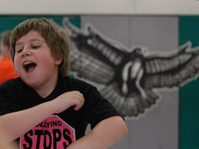 Noah Scarfone a student at Northern Heights Public Elementary School enjoys a fitness class led by a Goodlife fitness instructor in the school’s gymnasium on Friday. The school was awarded a $3,000 grant from GoodLife Kids Foundation to improve student engagement and convince them that fitness can change their lives.  Grade 7/8 teacher Davey Taylor wrote the successful grant application for the school. Grades 4 through Grade 8 benefit from the program.