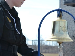 Ordinary Seaman M. Duprasrings the ships bell of HMCS Timmins, honouring the sailors and airmen who were lost at sea during the Battle of the Atlantic. Members of Royal Canadian Sea Cadet Corps Tiger and Navy League Cadet Corps Timmins stood together on Sunday to mark the 68th anniversary of the Battle's end.