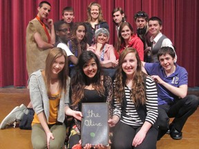 Submitted Photo
The Timmins High Drama Club performed daytime charitable shows on Friday, May 3 for the public, Timmins High and Ross Beattie students. Members of the Drama Club, students ranging from grades 9-12, performed the one-act comedy Check, Please by Jonathan Rand several times over the course of the day. The public performance was set for the lunch hour so that people could grab a bite, then sit and enjoyed some fun entertainment. Rather than charge for the performance, the club asked audience members to bring in non-perishable food items to help out the less fortunate in the community. All proceeds from the shows were donated to the Timmins Food Bank. Cast and crew for the show include: Front row, from left, Jasmine Chenier, Bethany McGee and Kyra Butterworth; centre row,  Tyrell Bien-Aime, Riley Spigarelli, Farzaneh Rahmani, Samantha Palmer, Lucas Hendry and Connor Coutts; and back row, Duncan Whitnall, Steven Harvey, Mrs. Lise-Anne Gilbert, Edward Labonte and Bradley Fraser.