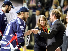 Timmins native Mark Katic is presented with his championship medal after he helped lead the Berlin Polar Bears to their third-straight Deutsche Eishockey Liga (German Ice Hockey League) championship earlier this year. The well-travelled defenceman signed a two-year deal with the Polar Bears after spending three seasons in the New York Islanders’ system.