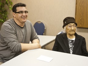 James MacDonald and his grandmother-in-law, Marguerite Wabano, who is 109, are staying in Sudbury while Moosonee remains in danger due to high water levels. (Sebastien Perth, The Sudbury Star)